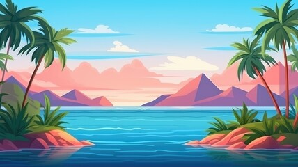 Cartoon illustration of a tropical island at dawn, with palm trees and a tranquil sea, inviting a peaceful start to the day