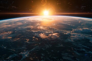 Sunrise view of the planet Earth from space with the sun setting over the horizon - generative ai