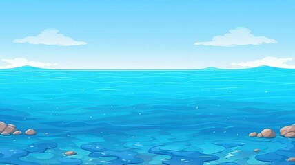 Vibrant underwater cartoon illustration with diverse aquatic plants and clear blue waters against distant mountains