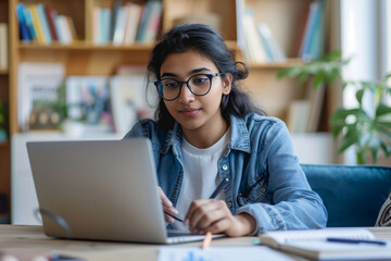 A young Indian girl studying with her computer. A student engaged in online studies. Concept of distance learning, e-learning, and new teaching methods.