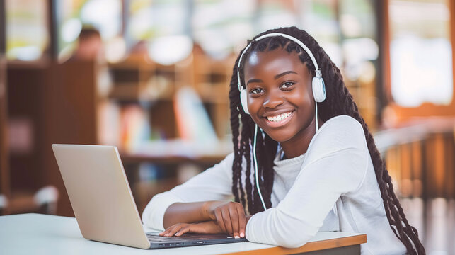 A young African American student wearing headphones, studying online with her laptop. Concept of distance learning, e-learning, and new teaching methods.