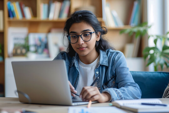 A young Indian girl studying with her computer. A student engaged in online studies. Concept of distance learning, e-learning, and new teaching methods.