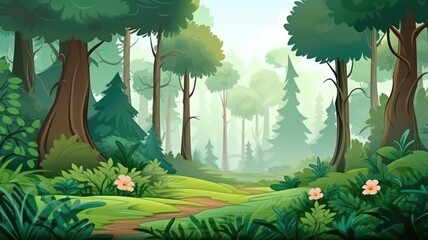 Bright cartoon illustration of a sunlit forest path, inviting a peaceful morning walk among the greenery