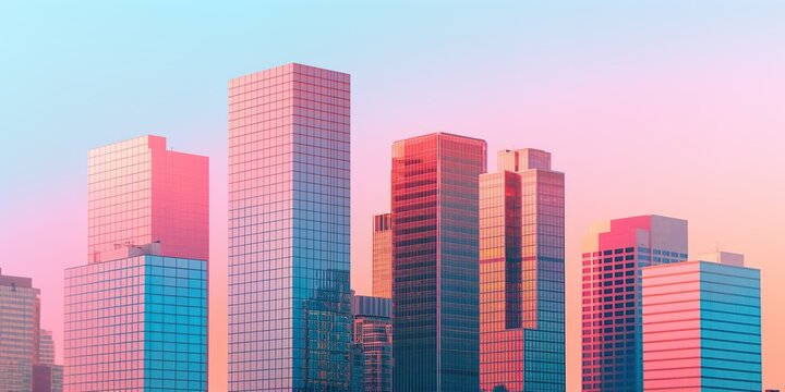 Modern skyscrapers in the style of minimalism, sky blue and coral pink with a gradient background.