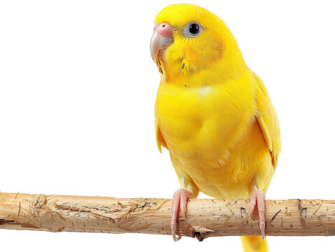 Bright yellow parakeet perched on a natural branch isolated on transparent background