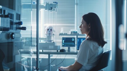 A woman sitting in a lab undergoing a neural enhancement treatment as part of a clinical trial..