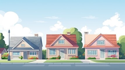 Charming suburban cartoon illustration, with cozy houses and lush greenery under a clear blue sky