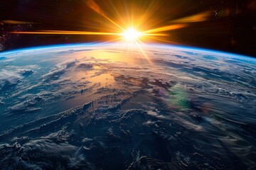 Sunrise view of the planet Earth from space with the sun setting over the horizon - generative ai