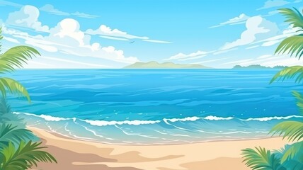 Obraz premium Serene beach cartoon illustration with lush palm trees and tranquil ocean waves