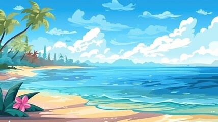 Obraz premium Serene beach cartoon illustration with lush palm trees and tranquil ocean waves