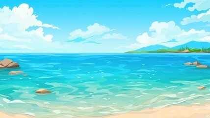 Fototapeta premium Serene beach cartoon illustration with lush palm trees and tranquil ocean waves