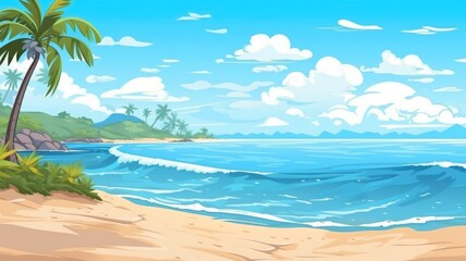 Fototapeta na wymiar Serene beach cartoon illustration with lush palm trees and tranquil ocean waves