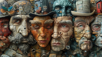 Obraz premium Surreal Collage of Eclectic Human Faces with Elements of Nature and Artifacts