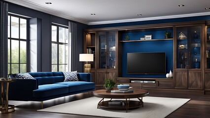  Living room with cabinet for tv on dark blue color wall background 