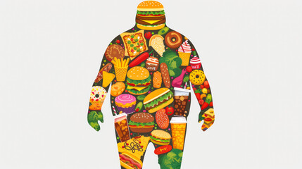 A cartoon of a man with a huge stomach and a lot of food around him