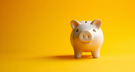 Banner of a white piggy bank on a yellow background with space for text. Concept of economy, savings, and investment.