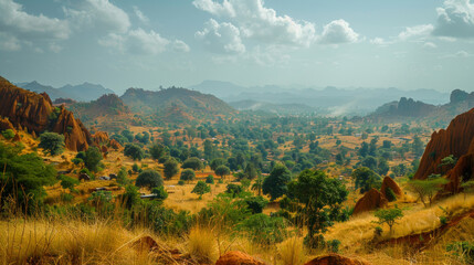 Obraz premium Scenic Landscape of Rugged Terrain and Green Valleys in Niger, Africa