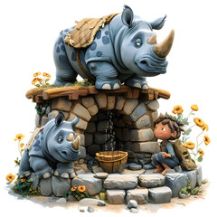 A 3D cartoon render of a brave rhinoceros rescuing a child from a well.