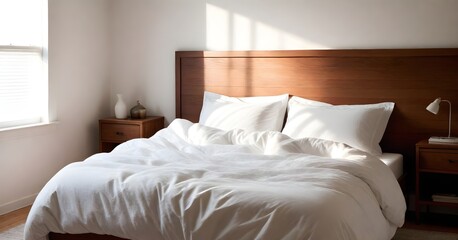 A cozy bedroom with a wooden headboard create with ai