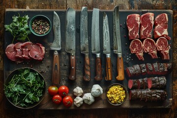 Wooden cutting board with ingredients meat, vegetables, knives