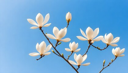 Delicate white magnolia on a  blue sky background create with ai