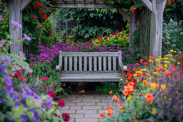 Serene Garden Bench Surrounded by Colorful Flowers