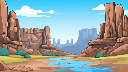 Vibrant cartoon illustration of the Grand Canyon with a peaceful river flowing through the majestic landscape