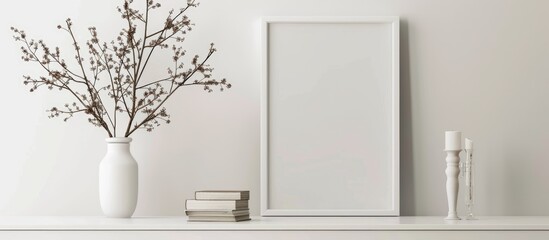 White frame and dry twigs in a vase placed on a bookshelf or desk, all in white hues.
