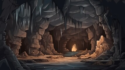 Mysterious dungeon cave entrance, cartoon illustration with a warm inviting glow beckoning adventurers
