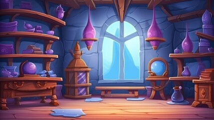 Mystical alchemist’s room filled with ancient books, glowing potions, and magical artifacts for spellcasting and wizardry