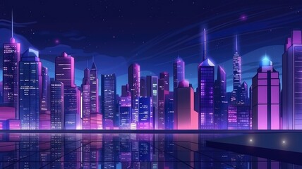 Vibrant cartoon illustration of a night city bathed in neon lights, reflecting a lively urban atmosphere