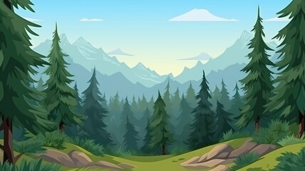 Serene forest landscape cartoon illustration, with lush greenery and distant mountains under a clear sky