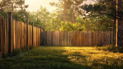 The image portrays a tranquil backyard enclosed by a tall wooden fence. The warm glow of the sun either sets or rises, casting a golden hue over the scene