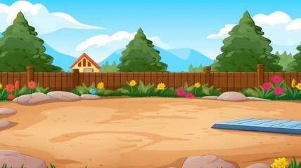 Fototapeta premium Cheerful cartoon illustration of a backyard kids playground with a vibrant sandbox and lush landscape