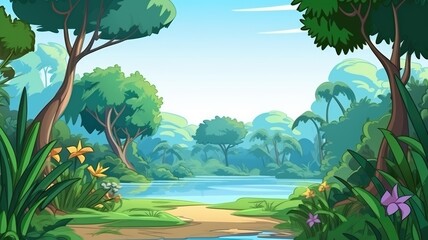 Cartoon illustration of a tranquil jungle landscape with a reflective lake, surrounded by lush tropical greenery