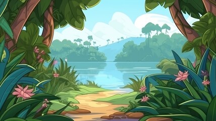 Cartoon illustration of a tranquil jungle landscape with a reflective lake, surrounded by lush tropical greenery