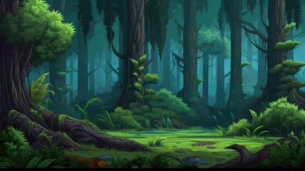 Enchanted forest cartoon illustration, perfect for a magical game background with lush greenery and mystical trees