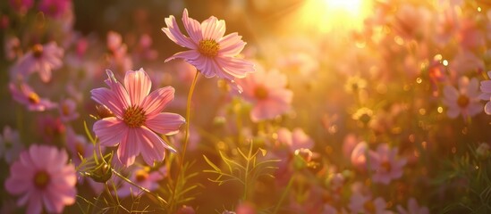 Obraz premium Cosmos blooms under the setting sun.