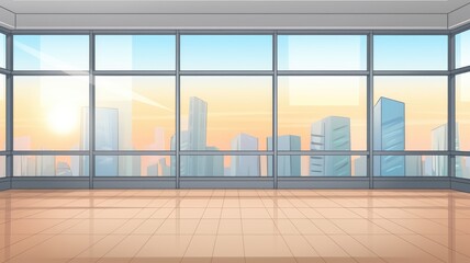 Cartoon illustration of an empty office space with a panoramic cityscape at sunset, exuding a modern corporate vibe