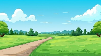 Cartoon illustration of an empty road meandering through a lush green field with distant mountains under a clear sky