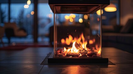 Obraz premium Illuminated by the soft glow of the fire the minimalist fireplace creates a cozy and intimate atmosphere in the midst of the bustling city. 2d flat cartoon.