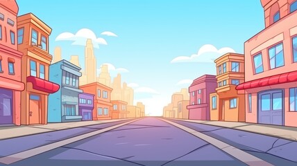 Obraz premium Cartoon illustration of a vibrant, empty city street with colorful buildings under a clear sky