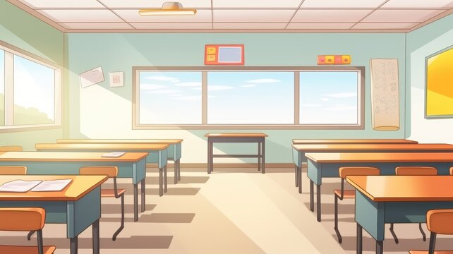 Cartoon illustration of a bright, empty school classroom with desks and a chalkboard, ready for learning