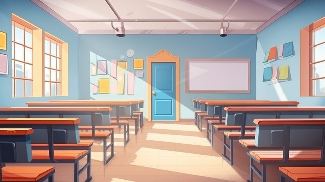 Cartoon illustration of a bright, empty school classroom with desks and a chalkboard, ready for learning