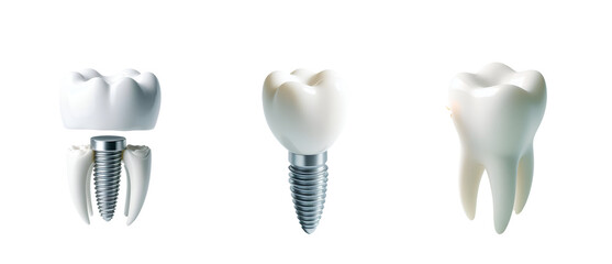 set of white teeth and dental implant Isolated  on transparent background 