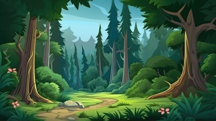 Cartoon illustration of a summer camp nestled in a deep forest, radiating tranquility and adventure