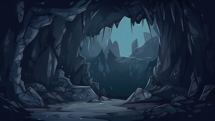 Enchanting cartoon illustration of a dark, toxic cave, shrouded in mystery and magical allure