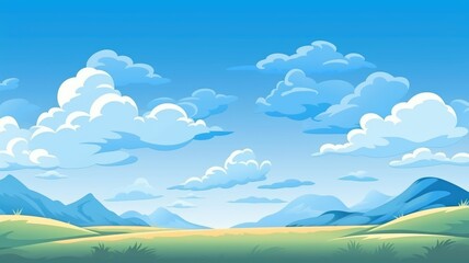 Cheerful cartoon illustration of fluffy clouds drifting in a bright blue sky, perfect for a serene backdrop