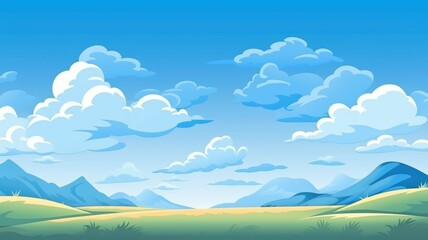 Obraz premium Cheerful cartoon illustration of fluffy clouds drifting in a bright blue sky, perfect for a serene backdrop