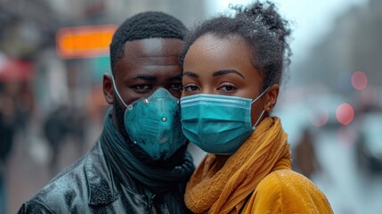 Young African American Couple Wearing Masks on a Rainy City Street - Powered by Adobe